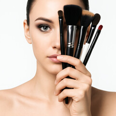 A woman holding makeup brushes in front of her face, showcasing beauty products
