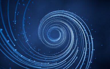 Rotating glowing vortex lines and particles background, 3d rendering.
