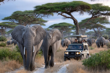 Elephants roam in the savannah while tourists observe from a safari vehicle in the late afternoon