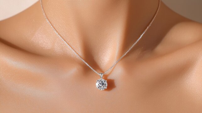 Elegant close-up of a silver necklace adorned with a sparkling pendant on a model's neck.