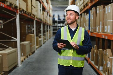 Warehouse worker checking his list on clipboard in a large warehouse