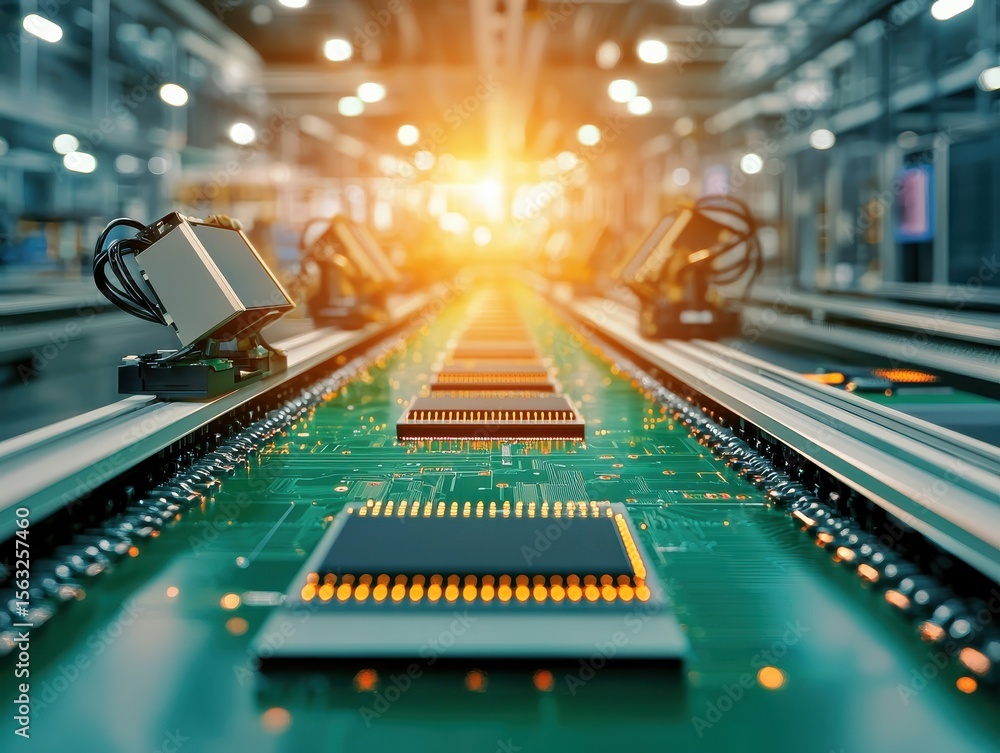 Poster futuristic assembly line showcasing advanced microchip manufacturing process.