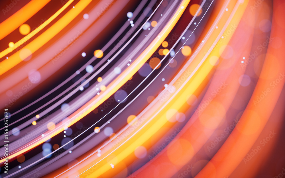 Poster rotating glowing vortex lines and particles background, 3d rendering.