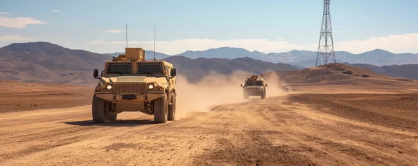 Peel and stick wall murals Military vehicles navigating a dusty terrain under a clear blue sky.