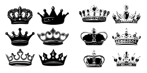 Modern illustration set featuring a golden crown, a cartoon flat gold royal medieval collection of luxury monarch crowning jewel headdress for king, emperor or queen, monarchy imperial symbols