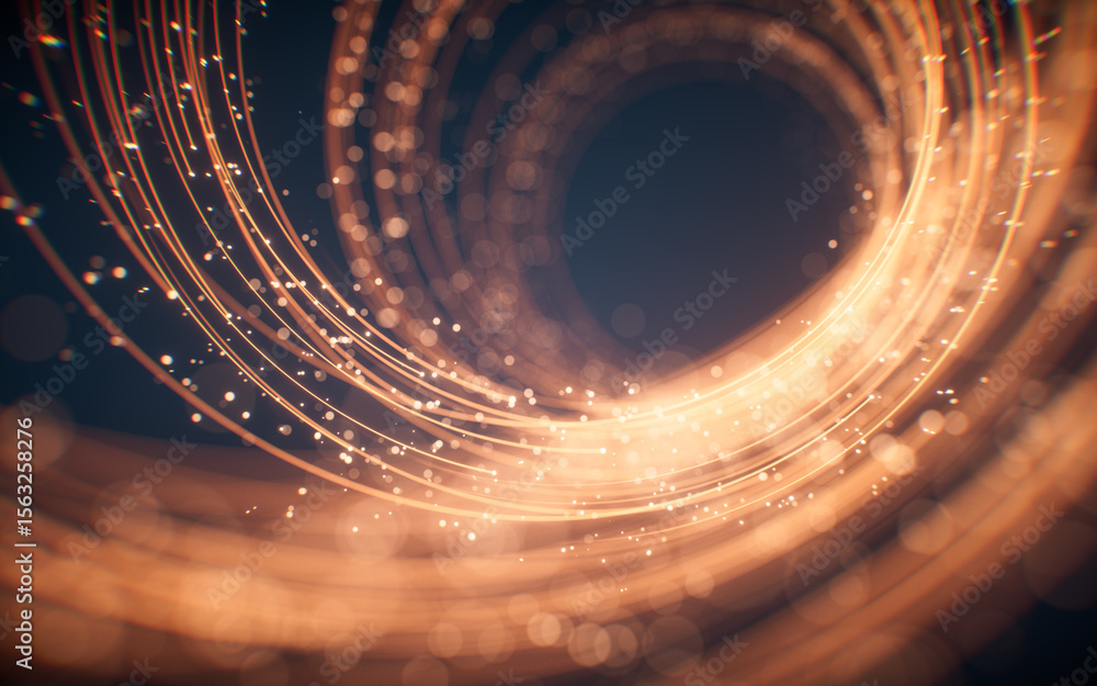Poster rotating glowing vortex lines and particles background, 3d rendering.