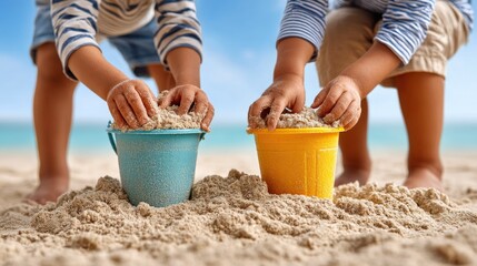 Kids playing with sand buckets on beach