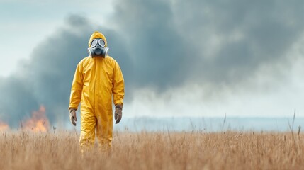Man in yellow hazmat suit amid environmental fire