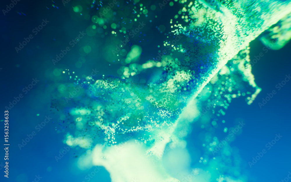 Poster flowing wave particles background, 3d rendering.