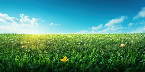 Vibrant green grass field at sunrise with blossoming flowers and clear blue sky