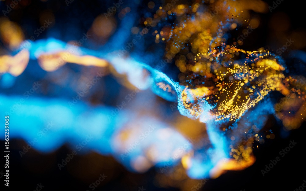 Poster flowing wave particles background, 3d rendering.