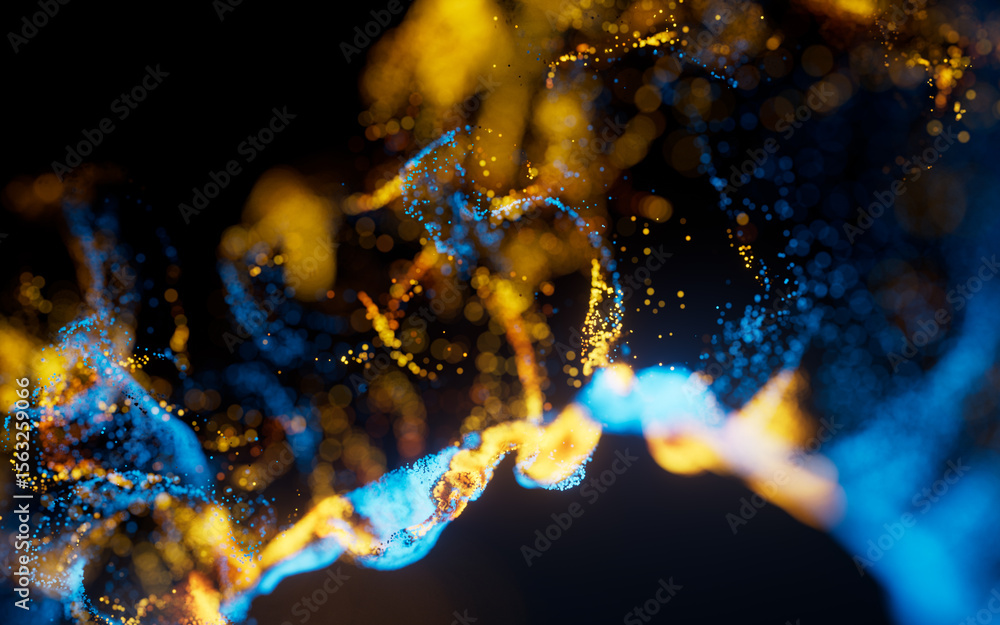 Poster flowing wave particles background, 3d rendering.