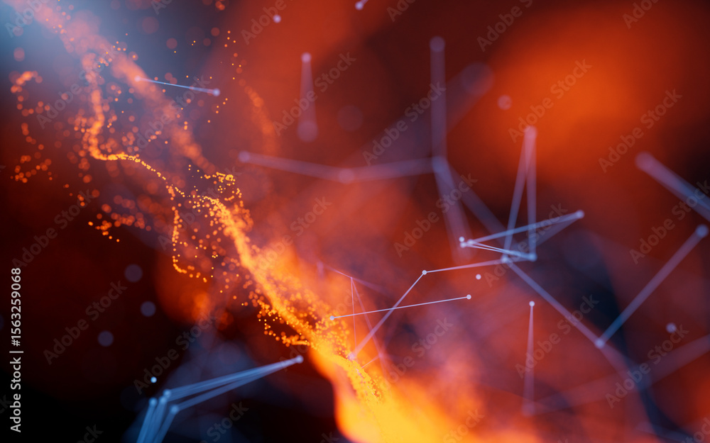 Poster flowing wave particles background, 3d rendering.