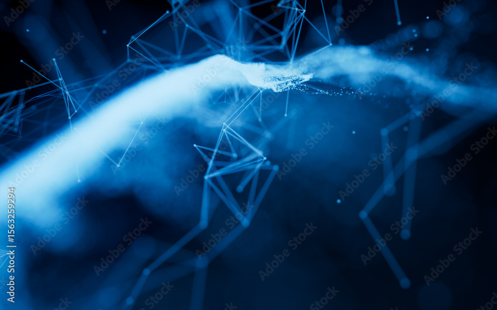 Poster flowing wave particles background, 3d rendering.