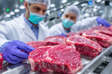 Inspecting high-quality cuts of beef in a modern processing facility during work hours