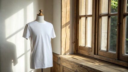 Simple White T-Shirt Mockup Mannequin, Window Light Photography