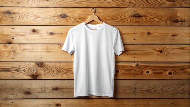 Plain White T-Shirt Mockup on Wooden Background Apparel Design Template