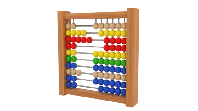 A colorful abacus with wooden frame and beads arranged for counting, isolated on white.