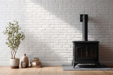 White brick wall, black wood-burning stove,  plant, books, warm interior