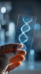 Transparent glass plate showing digital DNA helix structure held by gloved hand in clinical research environment perfect for genetics visuals, medical innovation and scientific biotech illustrations