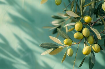 Obraz premium Branch of Yellow Green Olives on Tree with Soft Blue Background