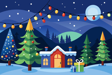 Naklejka premium Christmas night landscape: Snowy winter village and city scenes with decorated trees, houses, and festive star illustrations for holiday season greetings