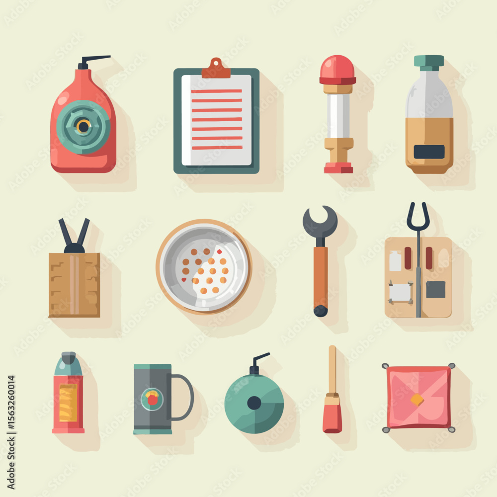Poster flat vector illustration of various objects, tools, and containers, arranged in a grid pattern.