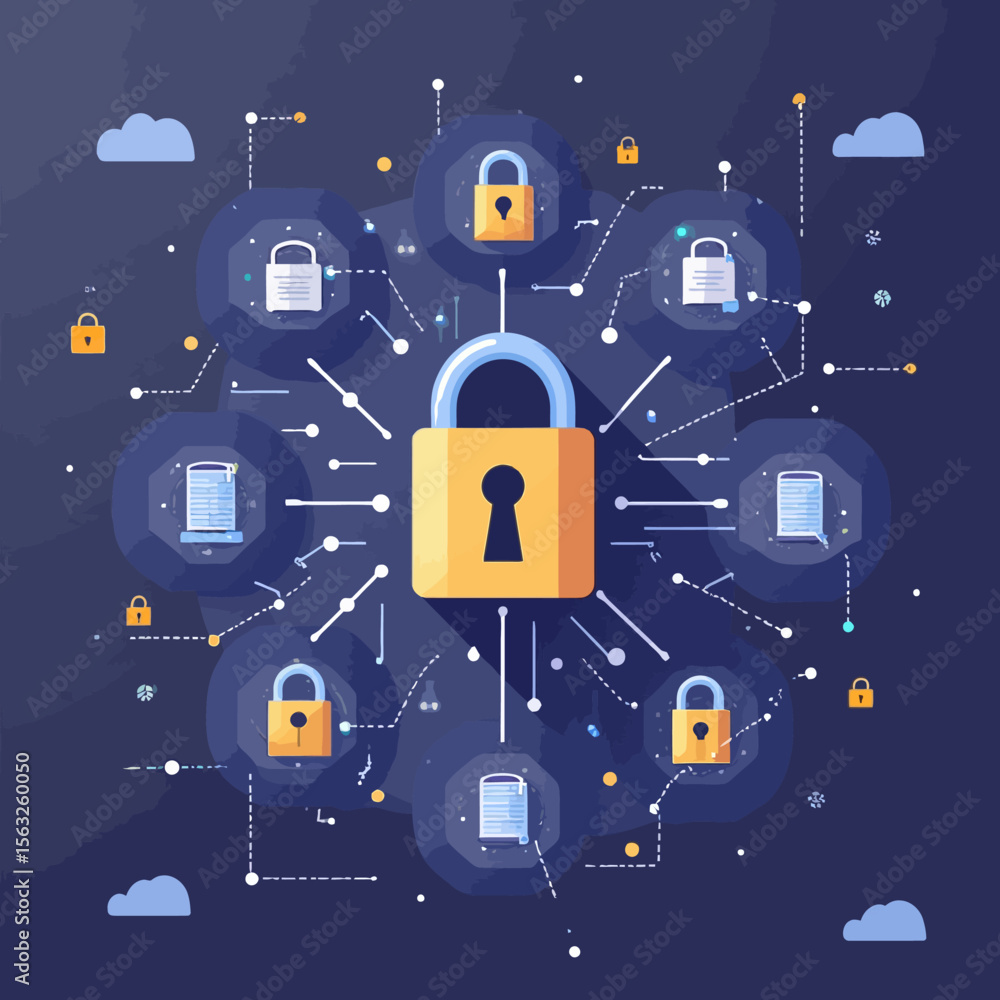 Poster a graphic design of interconnected padlocks, symbolizing network security and data protection.