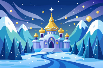 Fototapeta premium Here's a concise description combining your keywords:A festive winter landscape with a snow-covered church, village houses, and trees under a night sky, celebrating Christmas and the New Year