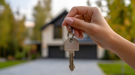 Hand Holding House Key in Foreground with Blurred House Background Symbolizing New Homeownership, Real Estate Purchase, Property Acquisition, and Residential Success Concept 67792918 1