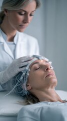 Naklejka premium Relaxed woman undergoing LED light therapy procedure with neural stimulation cap in medical setting for modern neurotechnology treatments and stress recovery applications