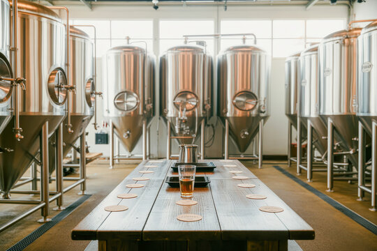 Brewery Interior Featuring Fermentation Tanks and a Tasting Table With Craft Beer