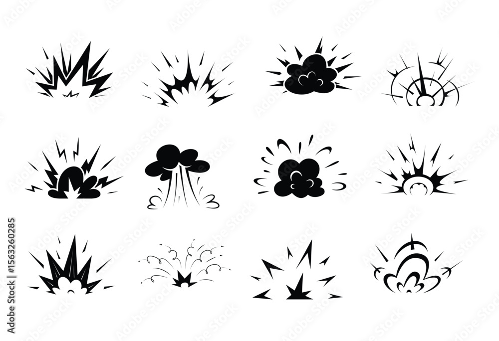 Poster 12 black and white cartoon explosions displayed in 3 rows and 4 columns