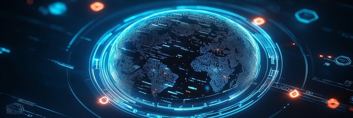 Futuristic Technological Globe with Advanced HUD Interface and Cybersecurity Protection Display