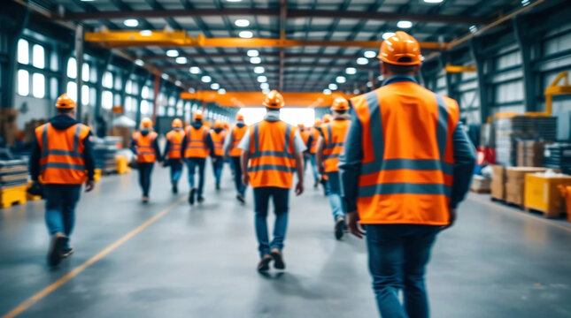 A dynamic image showing blurred workers in orange vests walking in an industrial facility