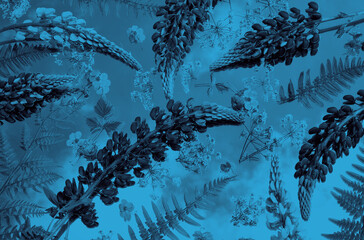 Digitally enhanced floral composition featuring lupins, ferns, and wildflowers in deep cyan-blue...