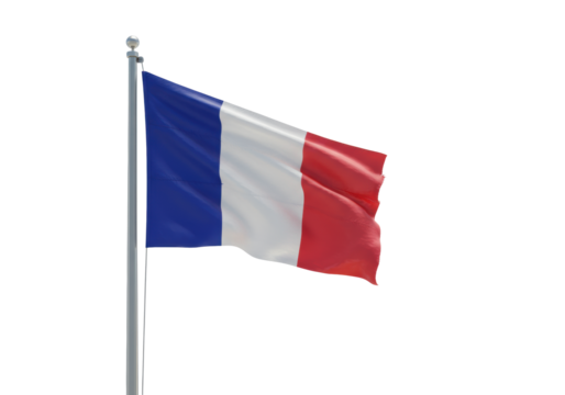 Vibrant french tricolor flag with distinct blue, white, and red stripes, gently waving on a sleek metallic flagpole against a clean white studio background with copy space, emphasizing national