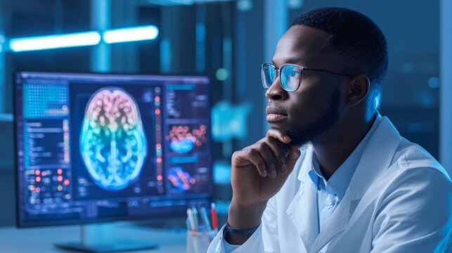 Scientist in white lab coat and glasses analyzing colorful brain scan on computer monitor in high-tech laboratory with blue lighting and blurred equipment.