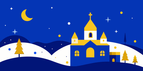 A cartoon vector illustration of a Christmas night city landscape with a winter sky, snow-covered houses, and a festive Christmas tree