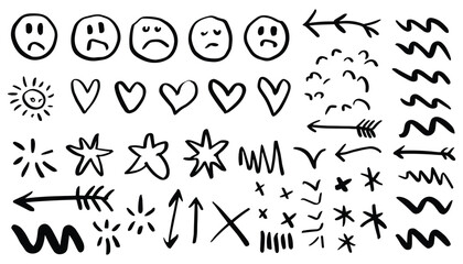 A black and white sheet of doodlestyle illustrations of various shapes and icons