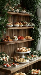 Fototapeta premium Delightful dessert display featuring an array of treats in a rustic setting with greenery