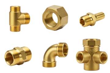 Set of brass fittings including elbows, couplings and nuts