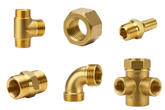 Set of brass fittings including elbows, couplings and nuts