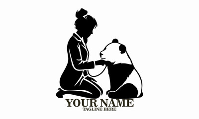 girl and panda icon. girl and panda vector illustration, girl veterinarian examining adorable panda vector illustration