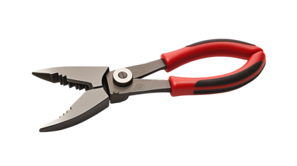 Close up of pliers with red and black handles on a plain black background