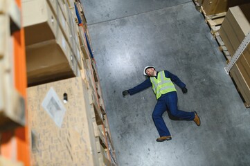 Warehouse Worker Has Work Related Accident Falls while Trying to Pick Up Cardboard Box from the...