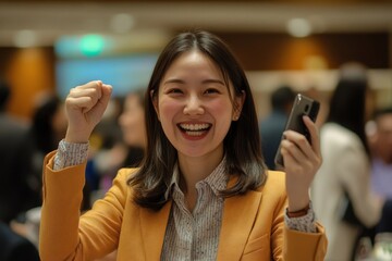 Happy Asian woman holding her smartphone, celebrating her win after receiving a prize or recognition, Generative AI