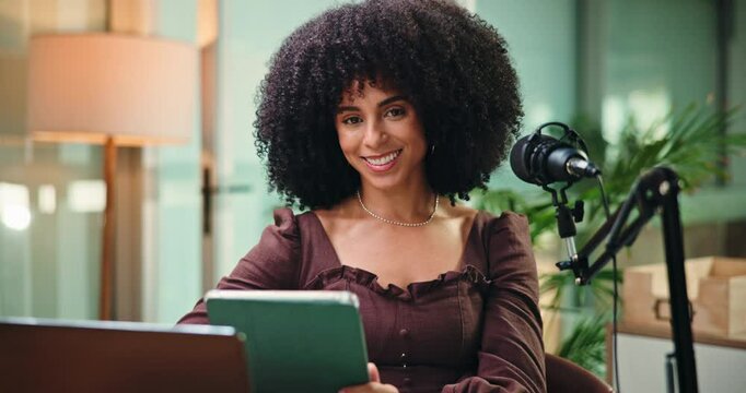 Woman, tablet and face with mic for podcast with typing, notes or application at media company. Person, tech and happy in portrait with click, checklist or editing script at creative agency in Brazil