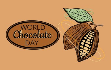Illustration of a poster celebrating World Chocolate Day on July 7th featuring a cocoa plant