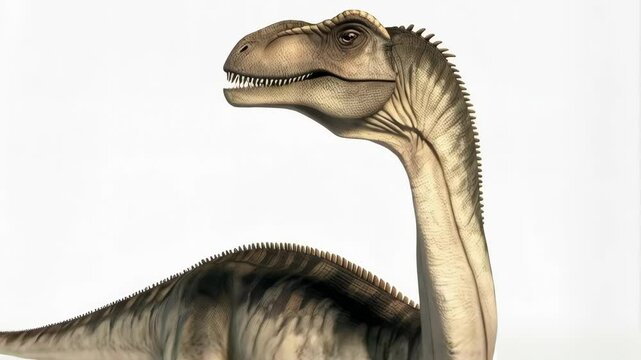 Tan Plateosaurus Dinosaur Walking on a White Background Looking Left with Teeth Showing, Long Neck and Short Arms, Prehistoric Creature